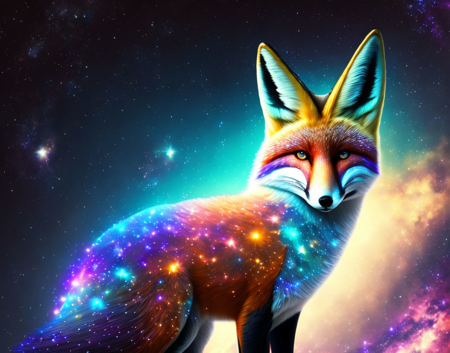 Colorful Fox Artwork with Cosmic Pattern and Starry Space Background