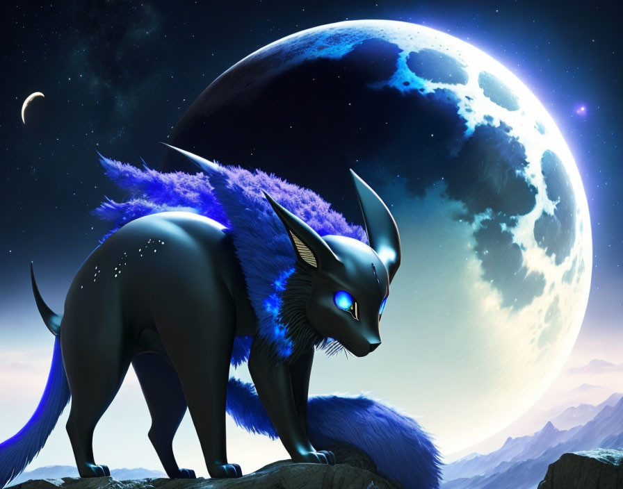 Mythical blue wolf digital artwork with glowing eyes on rocky terrain