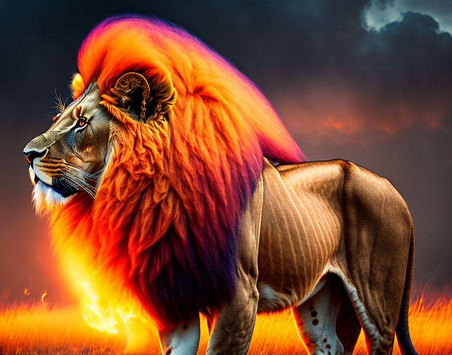 Majestic lion with vibrant fiery mane against dramatic orange and blue sky