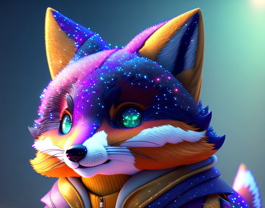 Colorful anthropomorphic fox with cosmic fur pattern and stylish jacket