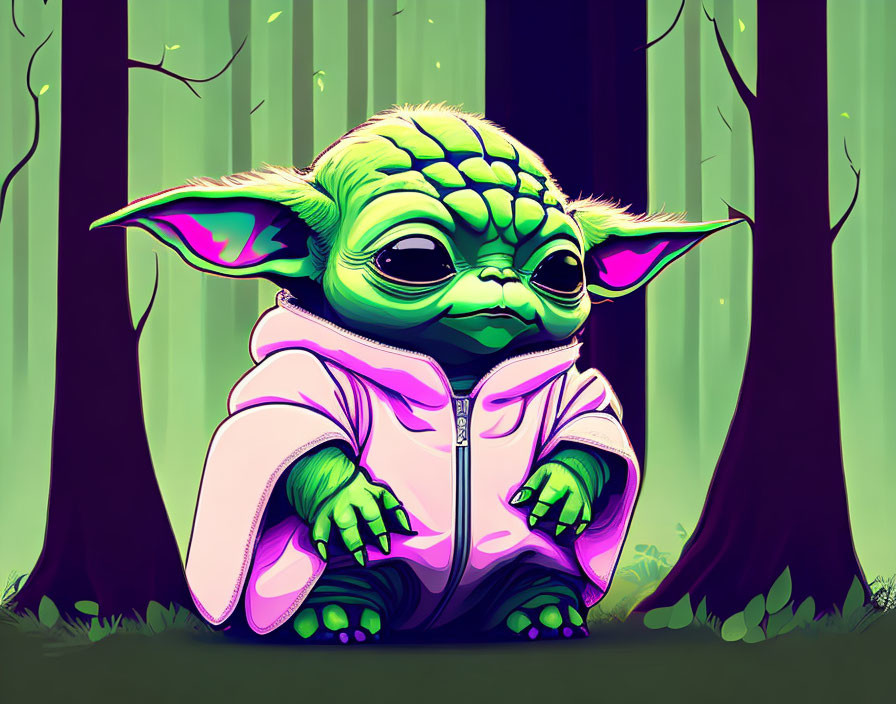 Stylized child-like creature in pink hoodie in green forest