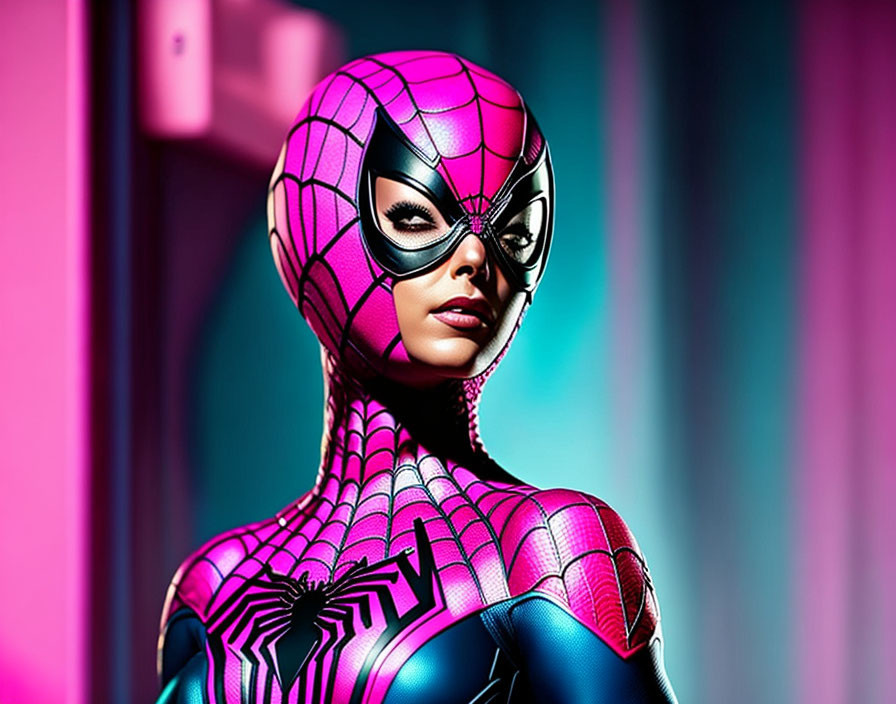 Stylized female character in pink and black Spider-Man costume with large white eyes on mask against vibrant