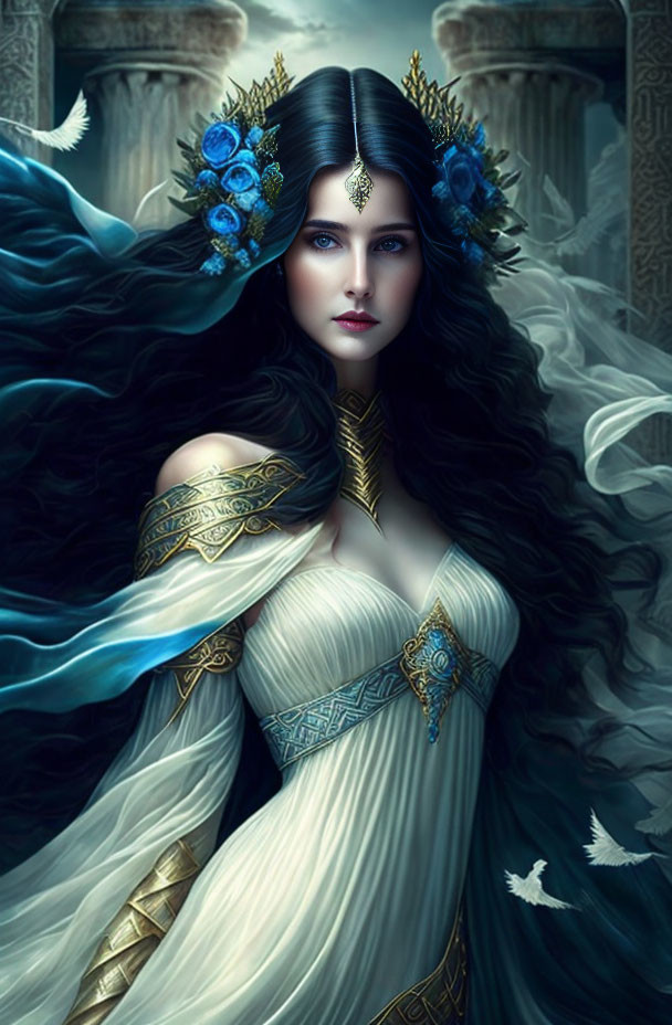 Mystical woman with flowing black hair and blue flower crown in white dress