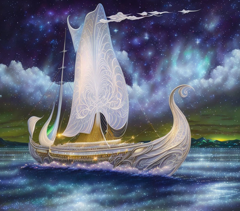 Fantastical ship with intricate designs on calm waters under starry sky