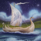 Fantastical ship with intricate designs on calm waters under starry sky