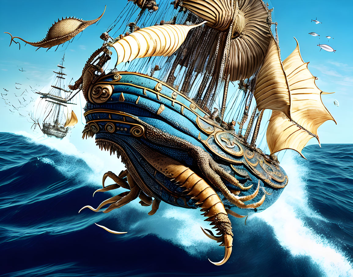 Fantastical squid-like ship sailing with traditional vessels on high seas