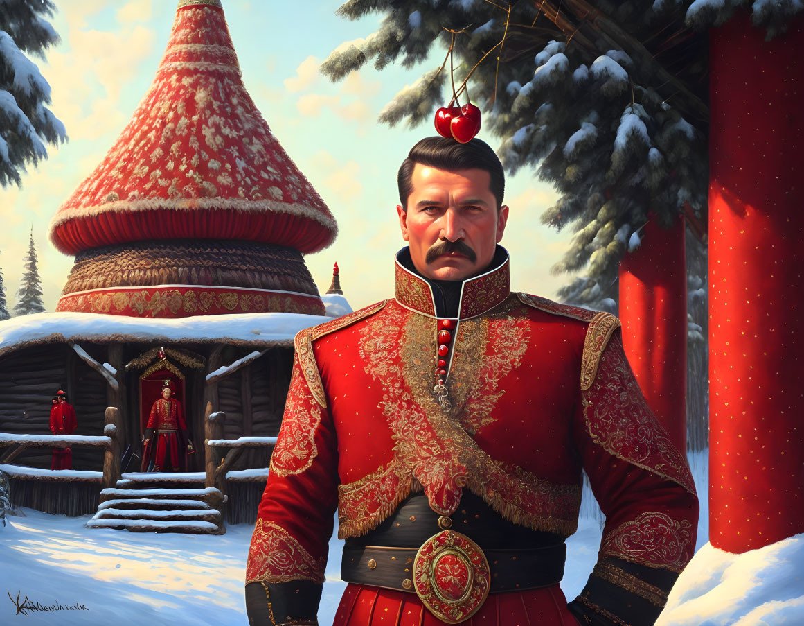 Man in Red Military Uniform with Winter Palace Background and Cherry Mustache