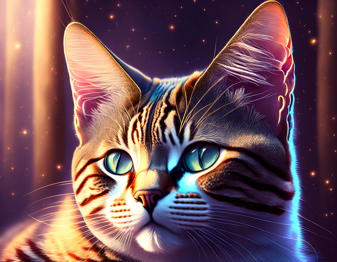 Vibrant Cosmic Cat Artwork with Glowing Edges and Starry Background