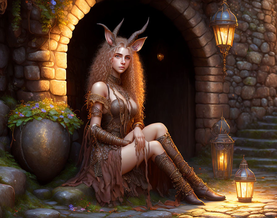 Fantasy female character with horns near stone archway and lanterns