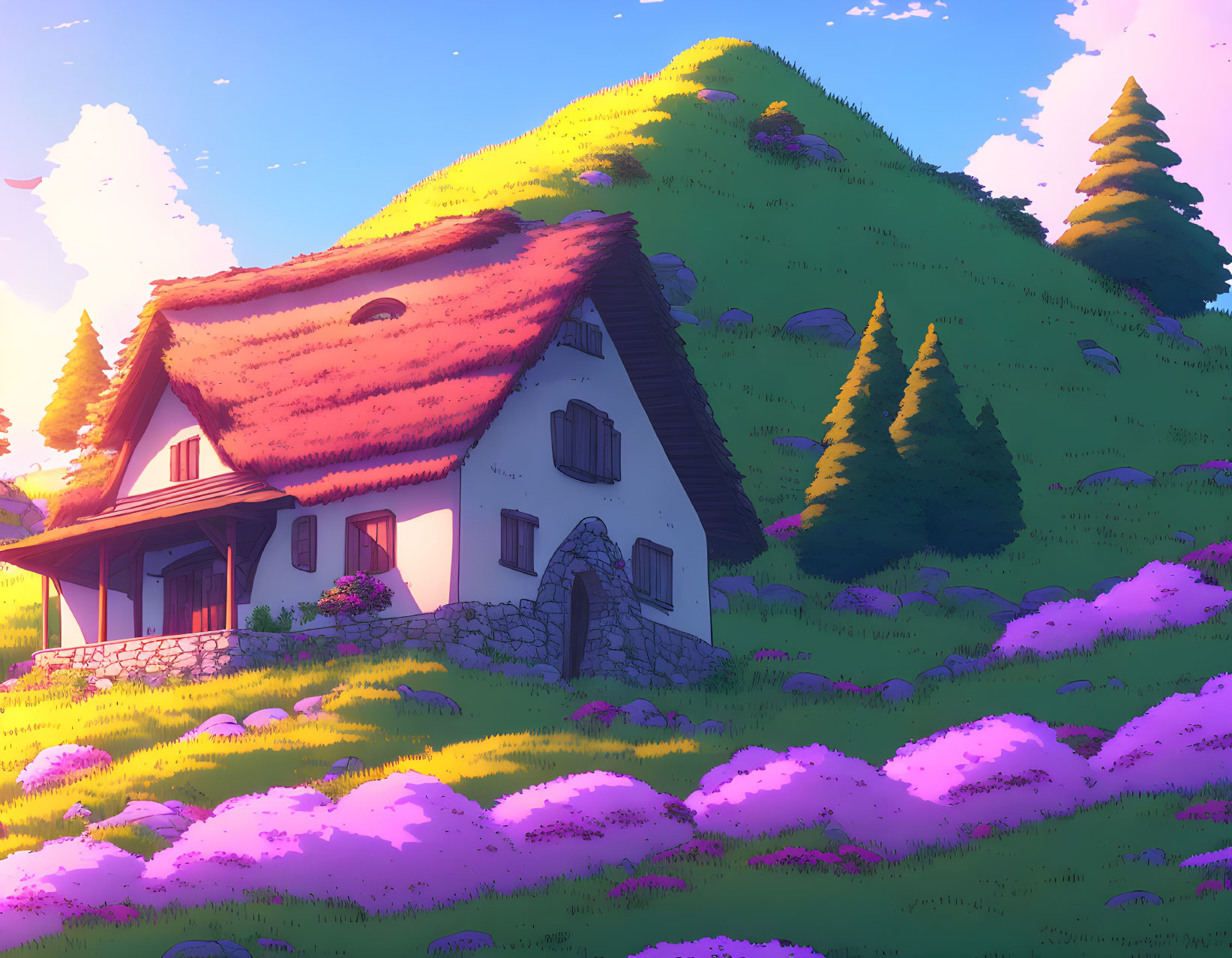 Pink-roofed house in lush hillside with purple flowers at sunset