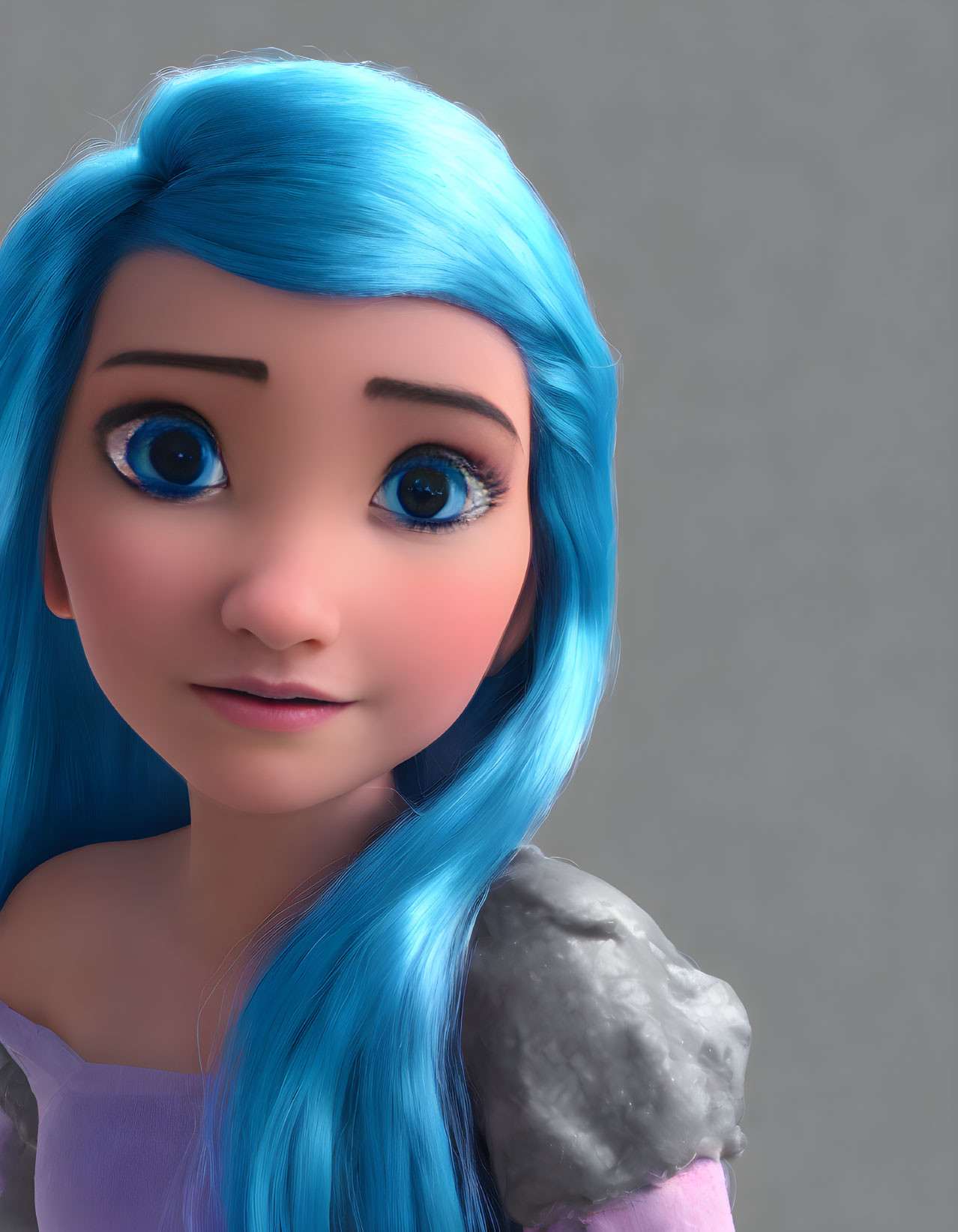 Striking 3D Animated Character with Blue Hair and Purple Outfit