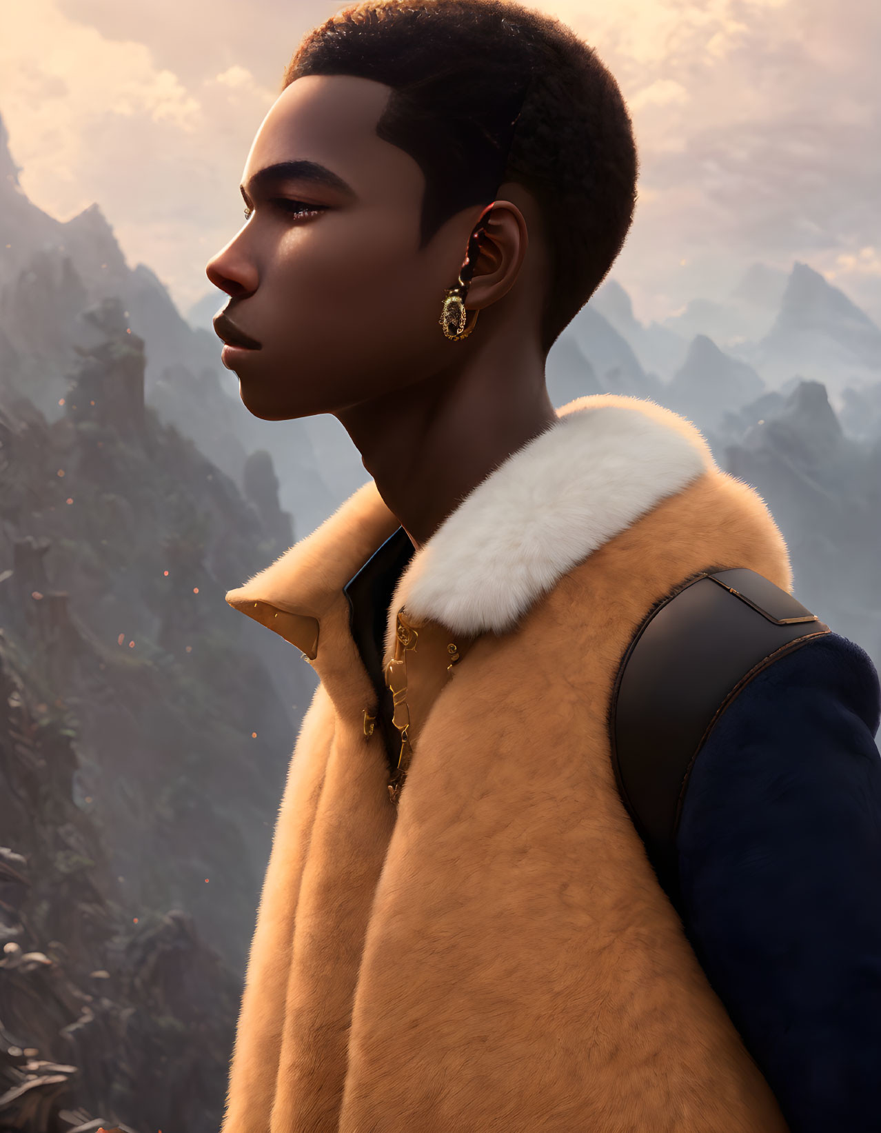 Young man with gold earring in fur-collared coat watching mountain sunset