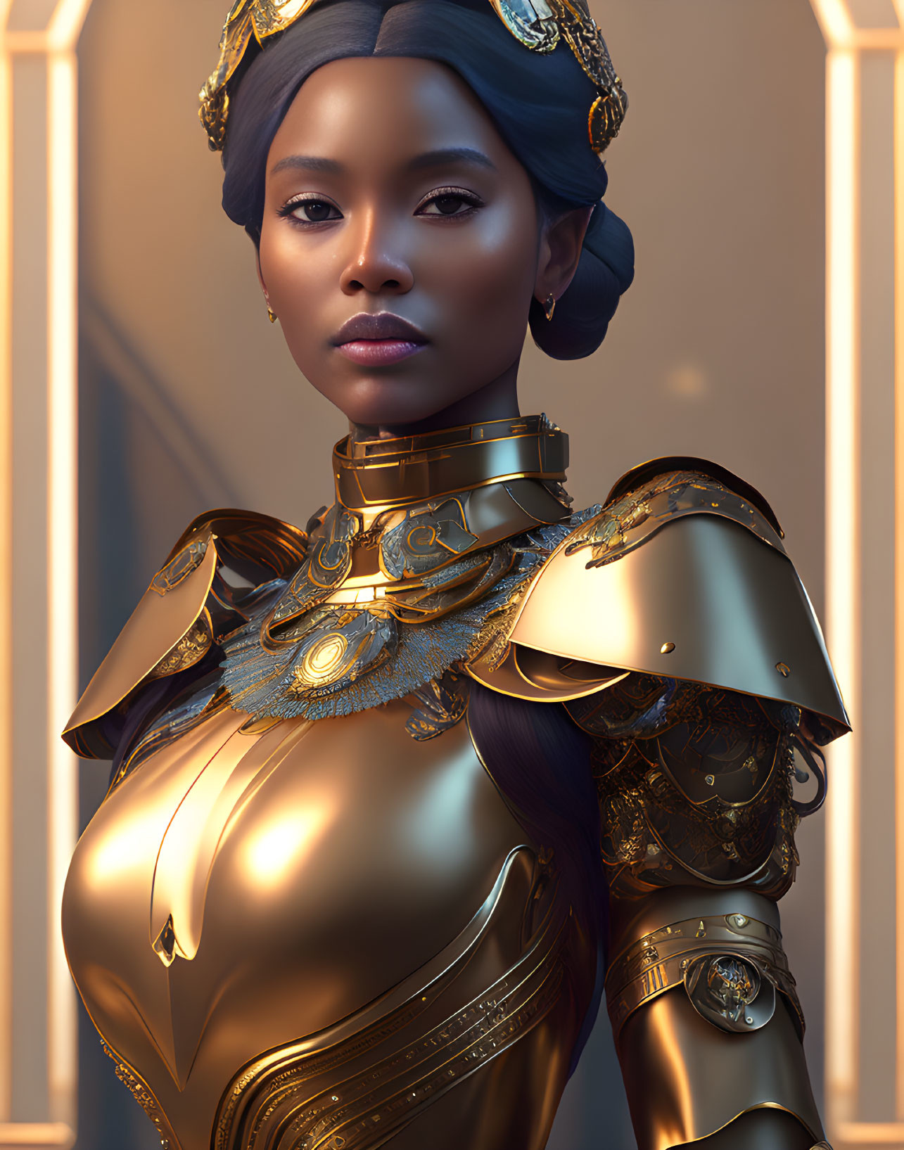 Regal Woman in Luxurious Golden Armor and Crowned Headpiece