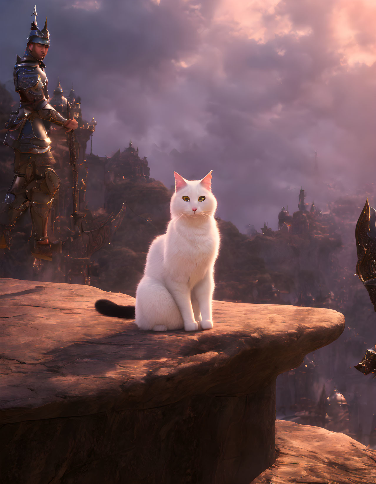 White cat on rock ledge with fantasy landscape and knight in armor.