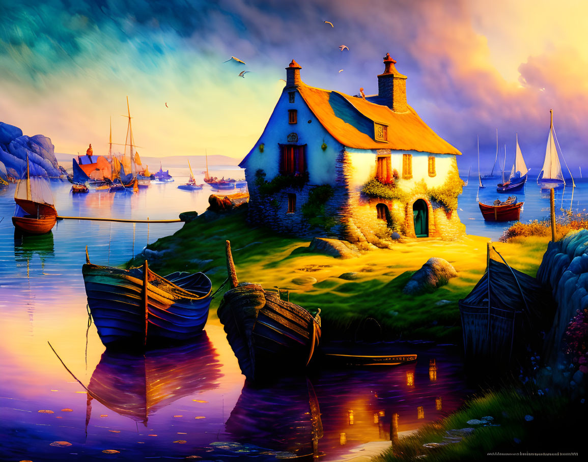 Colorful harbor scene at sunset with boats, house on hill, seagulls, and ships.