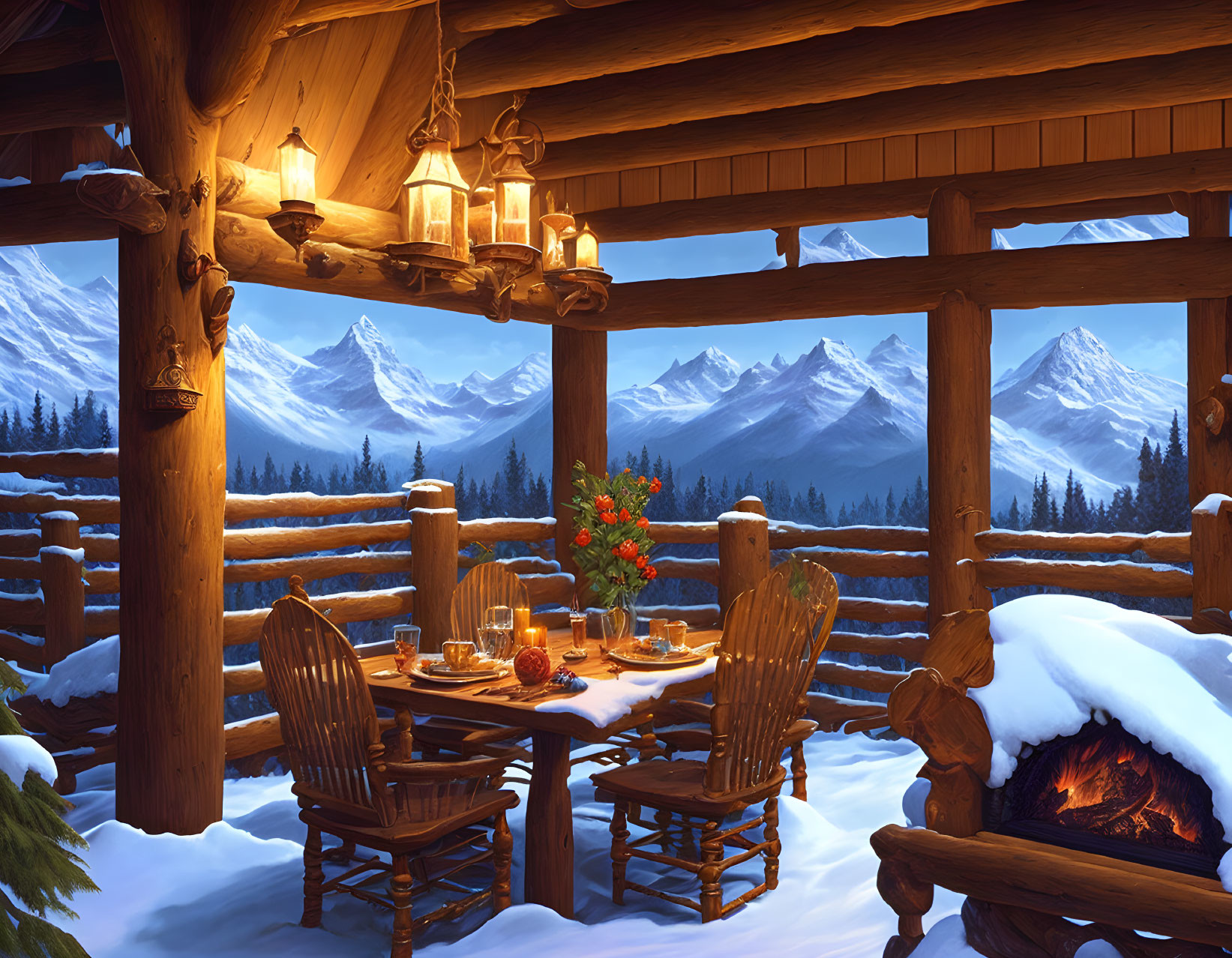 Wooden terrace with mountain view, breakfast setting, lanterns, and fireplace on snowy day