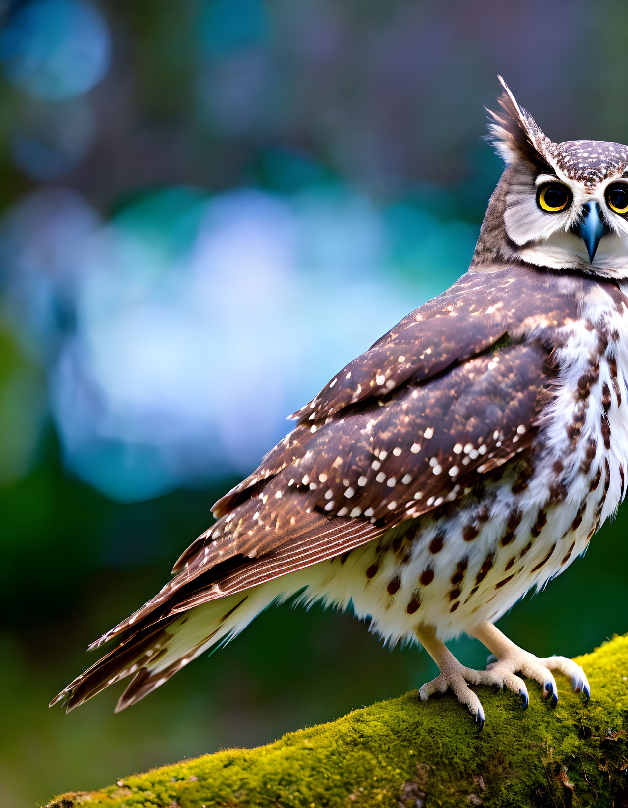 Speckled brown and white owl with yellow eyes perched on mossy branch