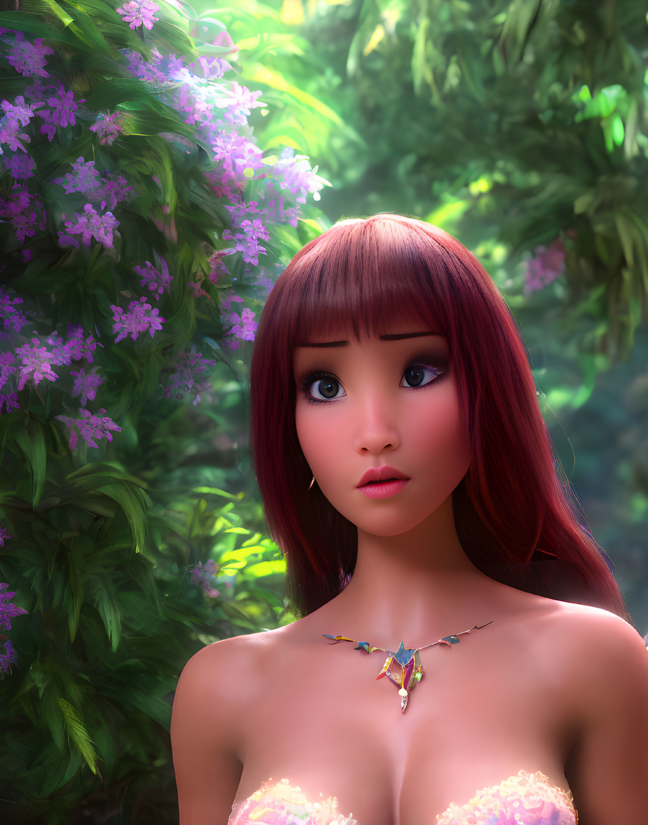 3D-rendered female character with red hair in lush greenery