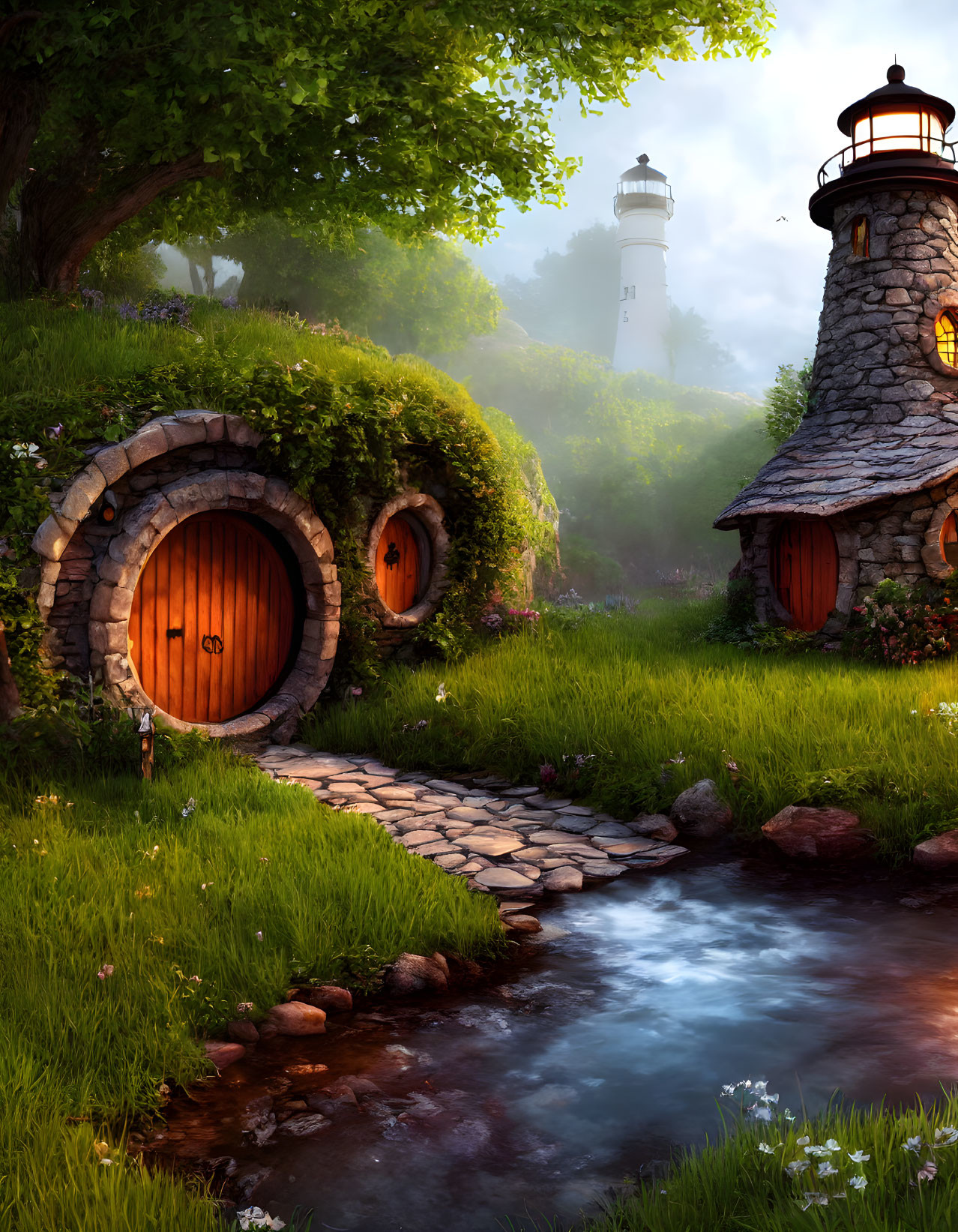 Fantasy setting with hobbit-like houses, lush greenery, stream, and distant lighthouse