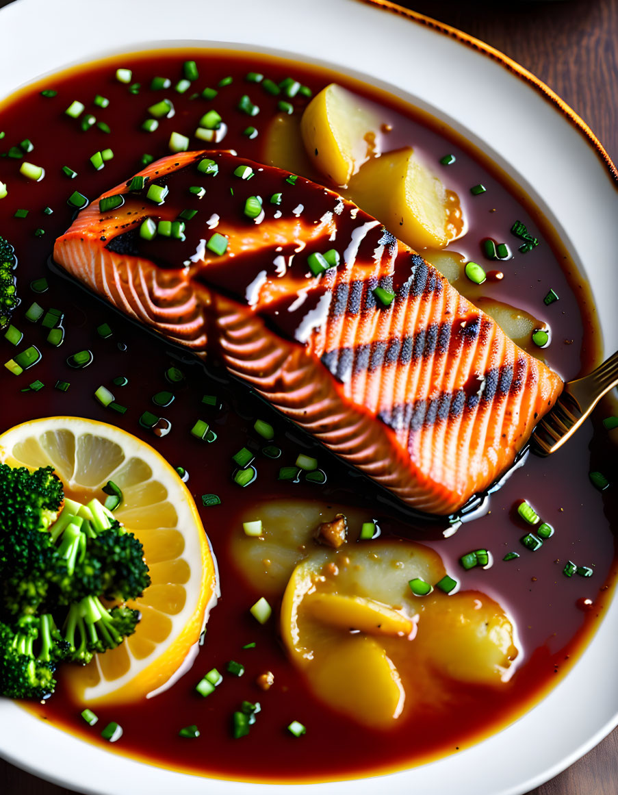 Grilled Salmon Fillet with Lemon and Broccoli Plate and Soy Sauce