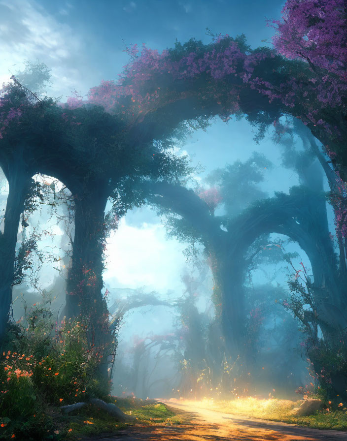 Enchanting forest path with towering tree arches and pink blooms