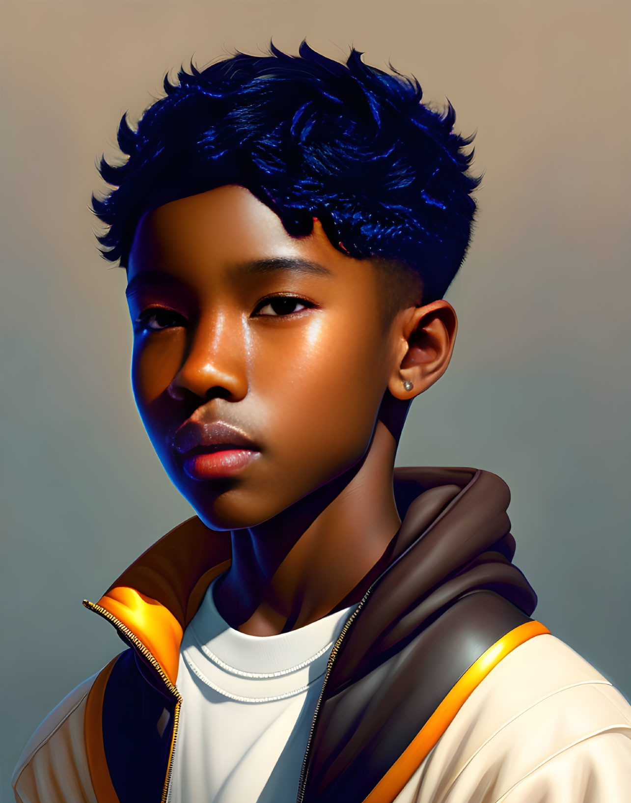 Young person with stylized hair and jacket in digital artwork