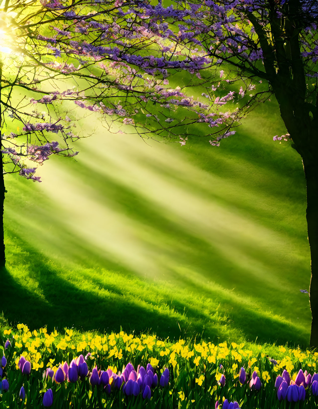 Vibrant meadow with purple tulips and daffodils under pink blossoms