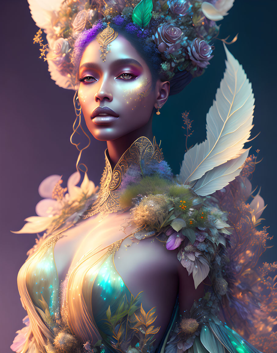 Digital artwork featuring woman with floral, feather elements and gold jewelry on gradient background
