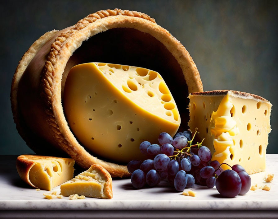 Swiss cheese and grapes still life composition