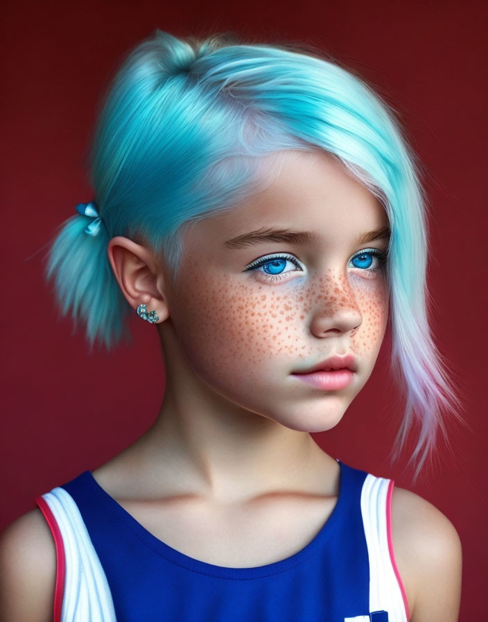 Child with Blue Hair and Freckles in Blue Tank Top on Red Background