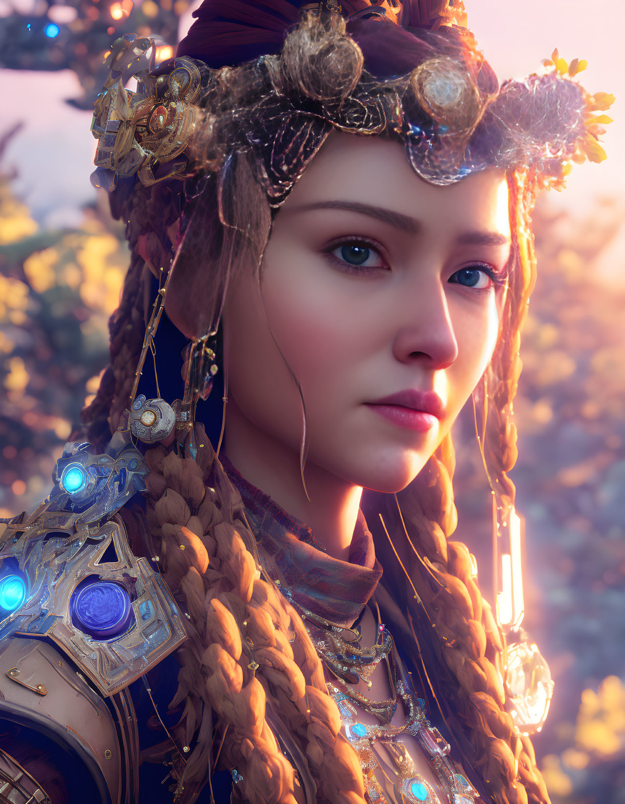 Digital portrait: Woman with braided hair, floral crown, ornate armor, glowing blue gems,