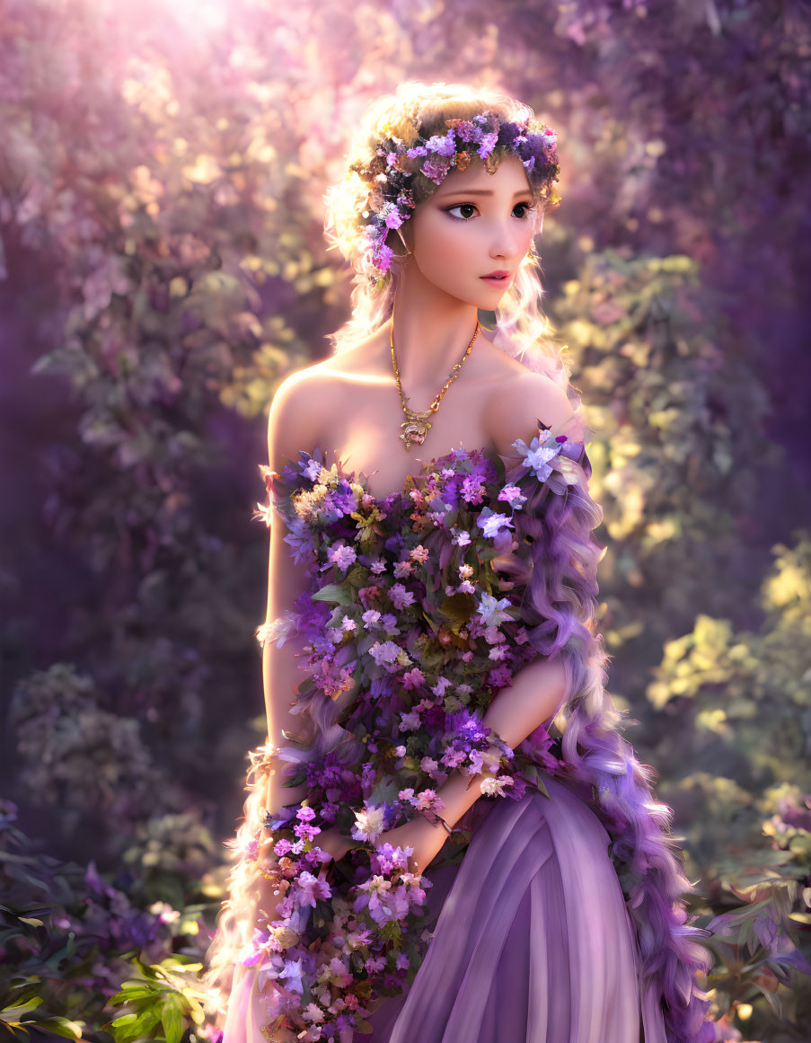 Woman in floral crown and dress surrounded by purple blossoms in sunlight.