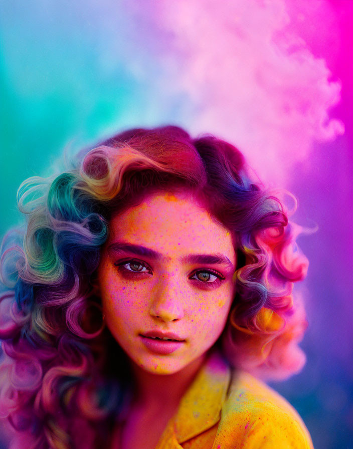 Curly Pastel-Colored Hair in Vibrant Smoke Background