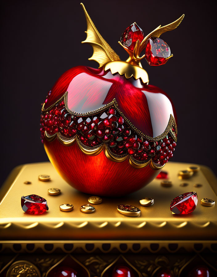 Luxurious Red Apple with Gold and Gemstones on Golden Pedestal