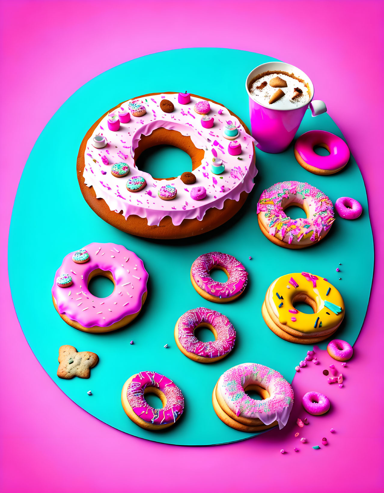 Vibrant donuts and coffee on pink and turquoise background