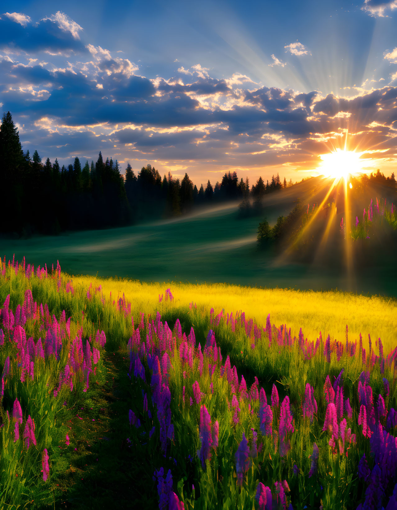 Vibrant sunrise over lush meadow with purple flowers
