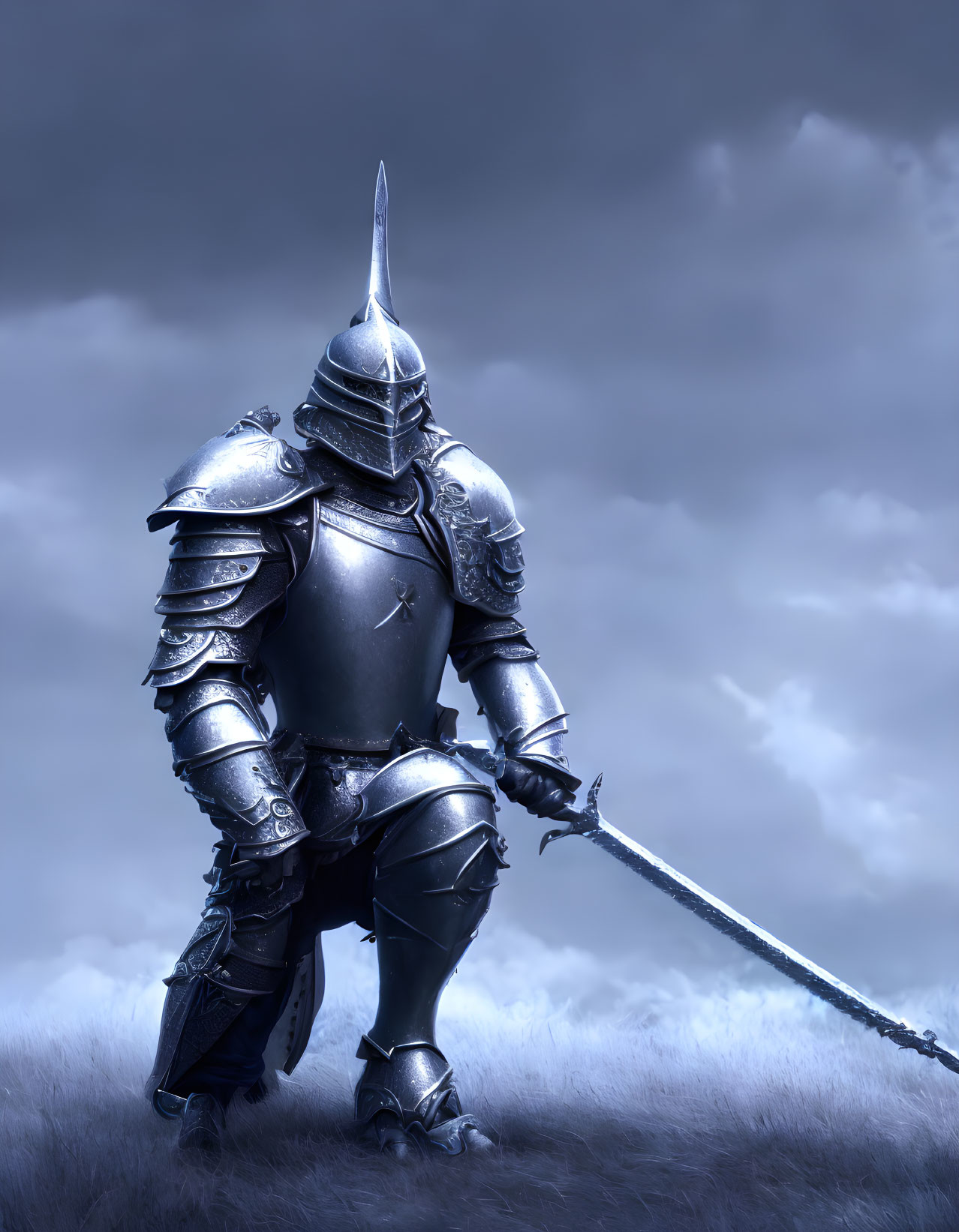 Knight in Full Plate Armor with Sword Against Dramatic Cloudy Sky