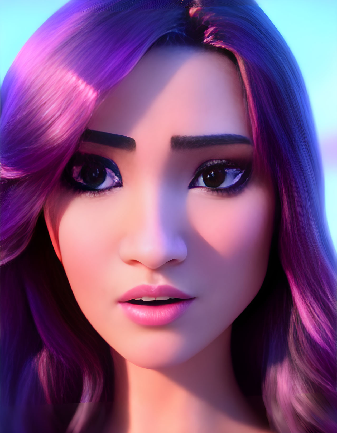 Female with Purple Hair and Dark Eyes in Detailed Makeup in Purple-lit Setting
