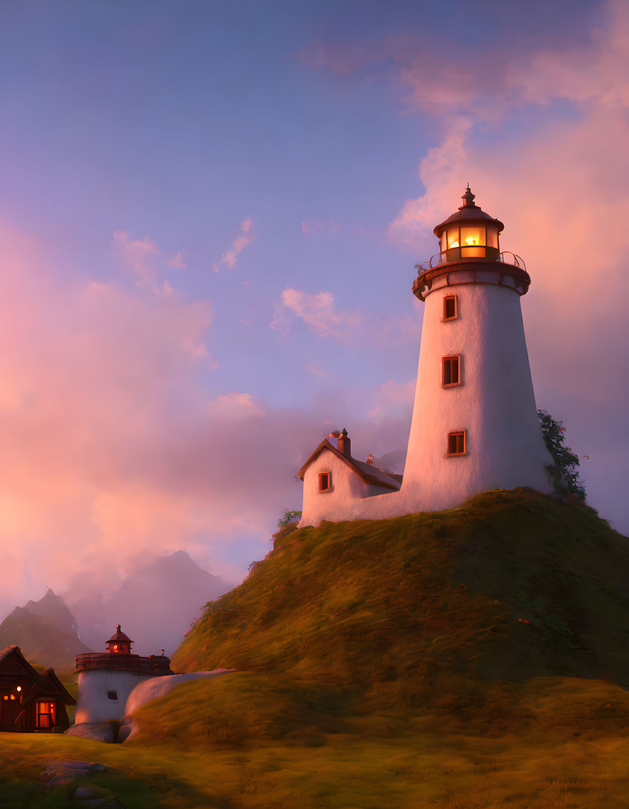 Tranquil digital artwork: lighthouse on hill at sunset