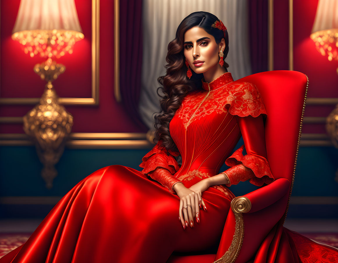 Regal woman in red dress seated in ornate room.