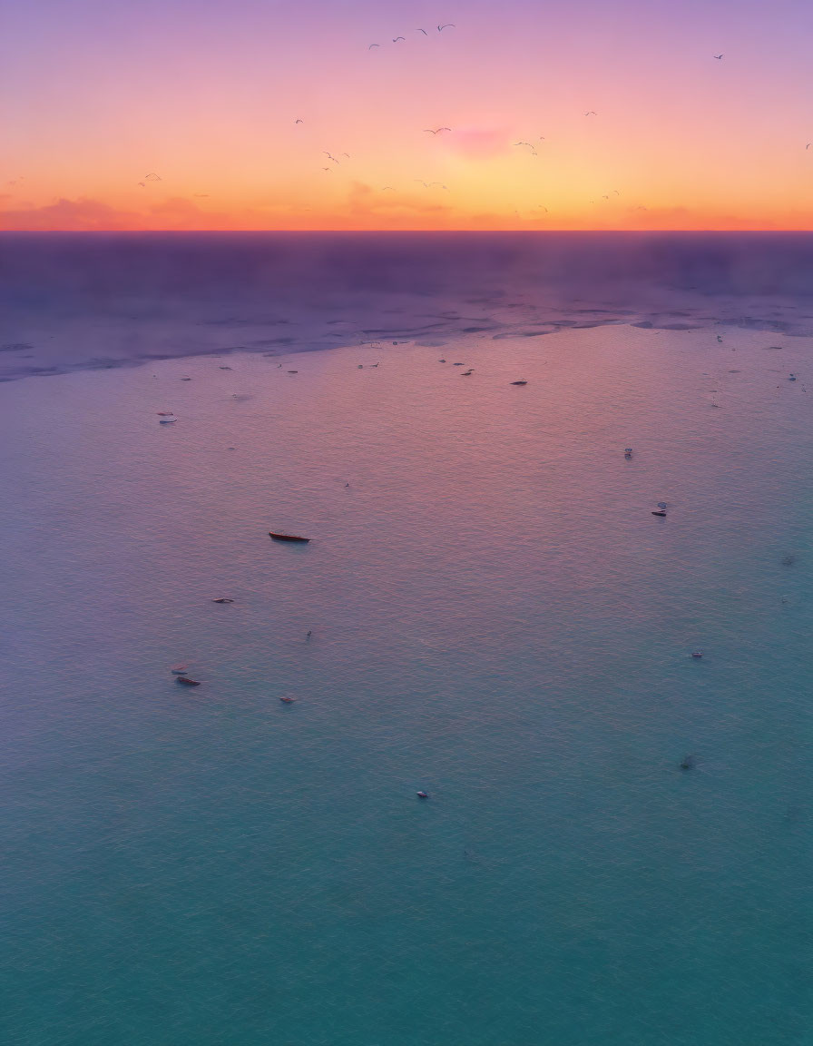 Pastel-colored Sunrise Seascape with Scattered Boats and Flying Birds