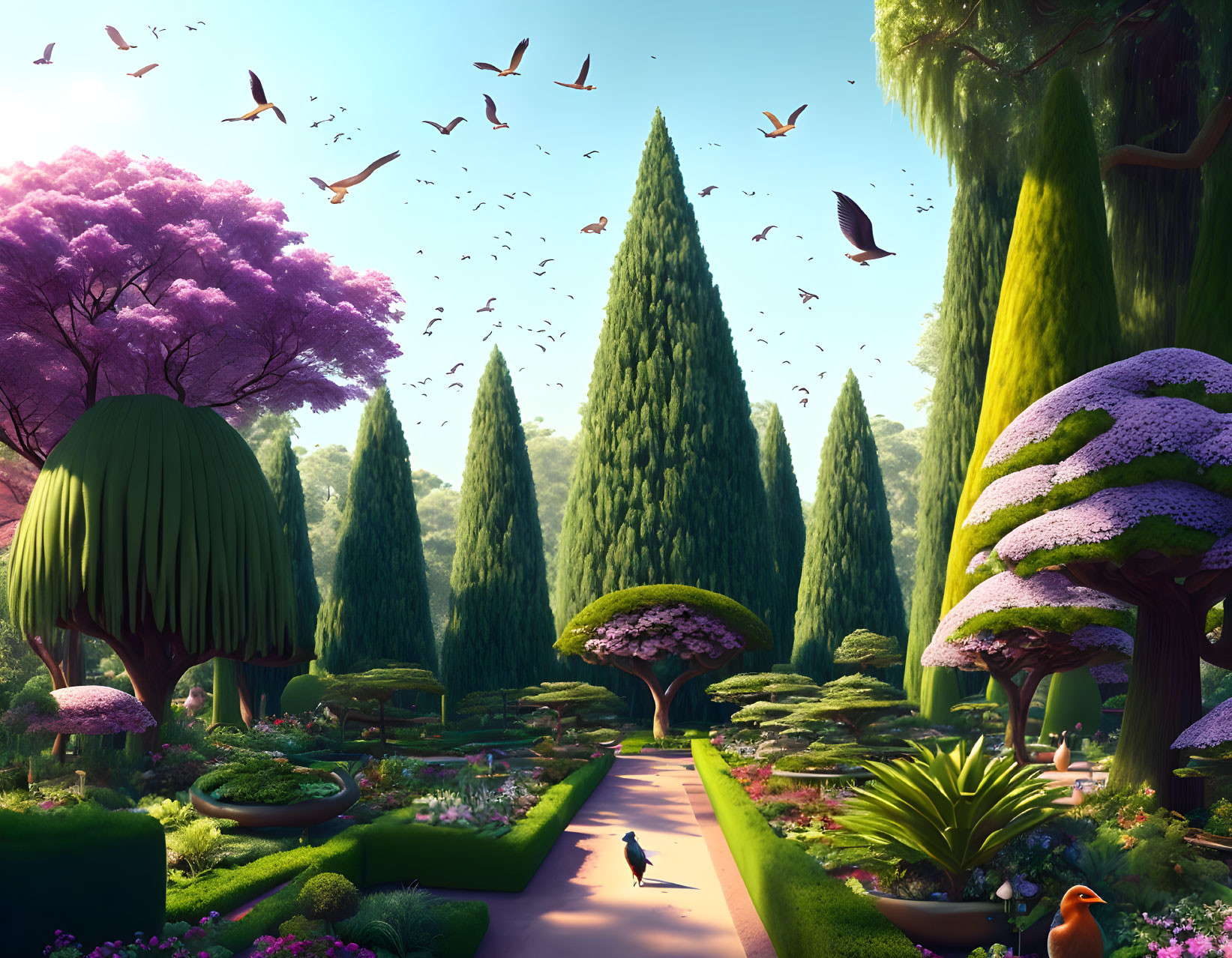 Tranquil fantasy garden with lush trees and vibrant purple foliage