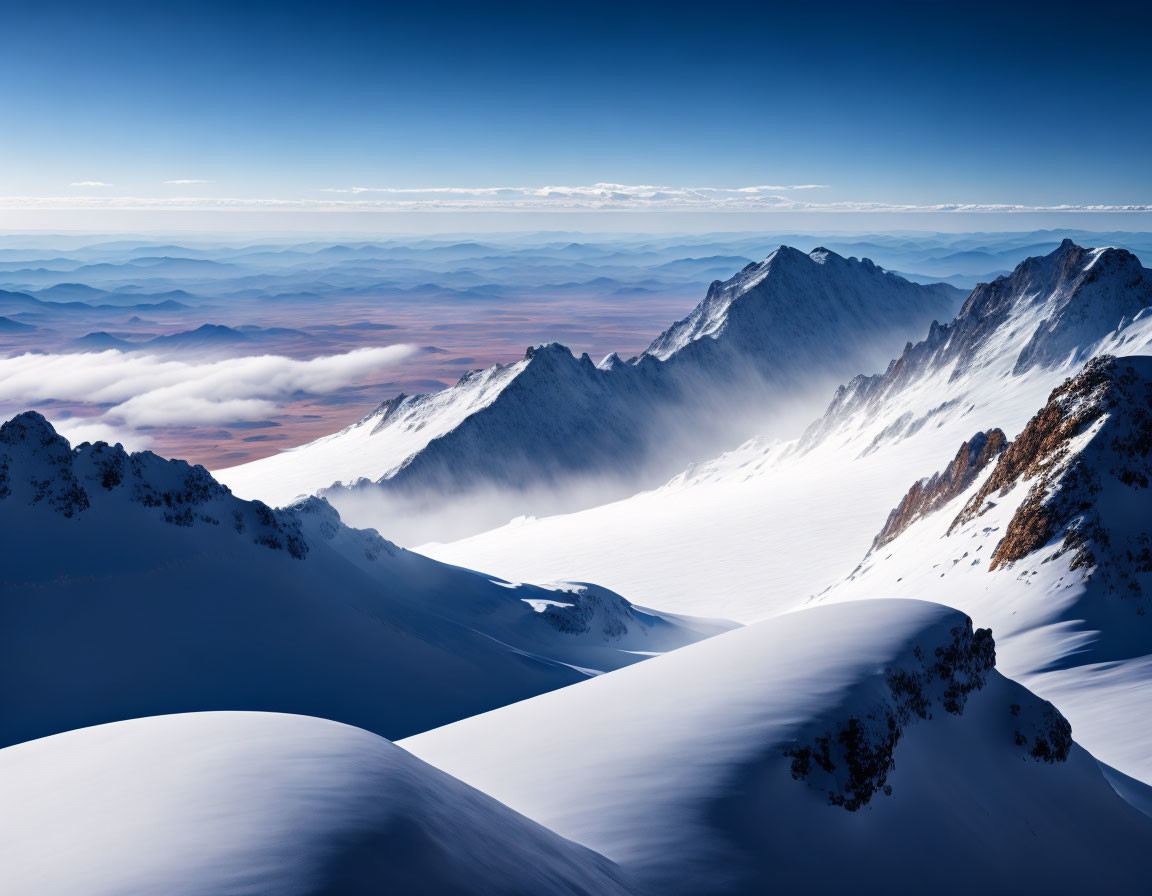 Snow-covered mountain landscape under clear blue sky - serene and majestic