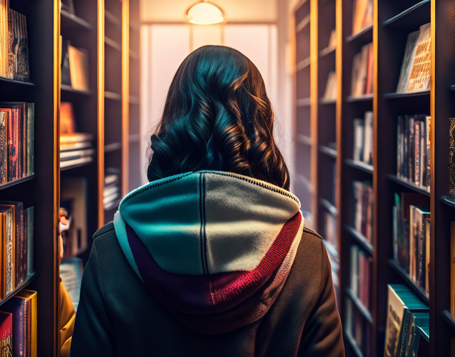 Curly-Haired Person Standing Between Bookshelves and Window