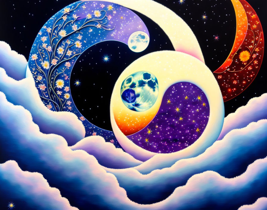 Vibrant cosmic yin-yang symbol with starry skies and celestial bodies