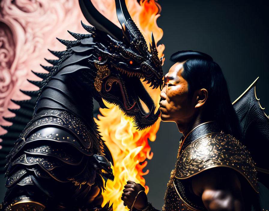 Elaborately armored person confronts dragon sculpture amid flames