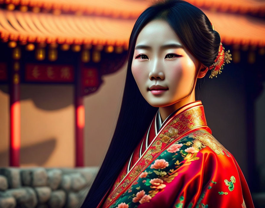 Traditional Asian Attire Woman with Vibrant Floral Patterns and Architectural Backdrop