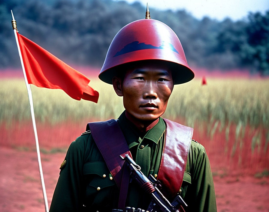 Soldier in red helmet and green uniform with rifle in front of red flag and tall grass