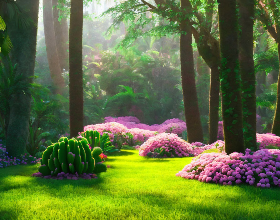 Lush forest glade with green grass, pink hydrangeas, ferns, and sunlight.