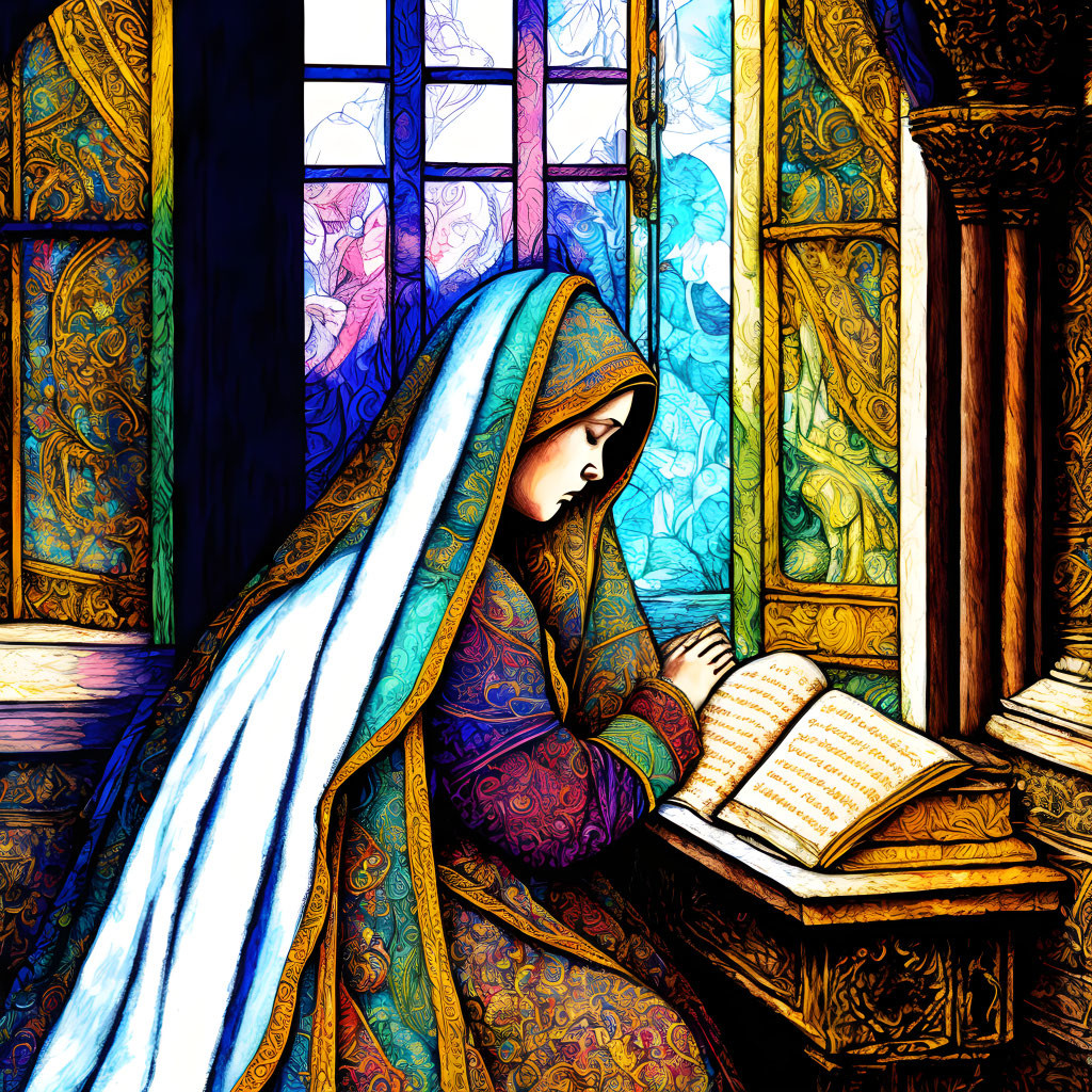 Colorful Stained Glass Window Illustration of Robed Figure Reading Book